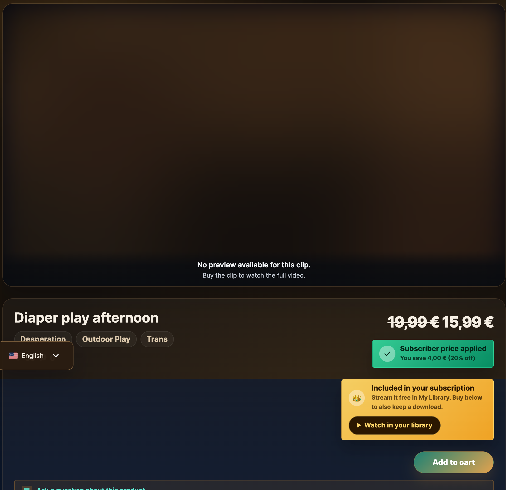 A clip page — title, price, trailer preview and the Add to cart button.