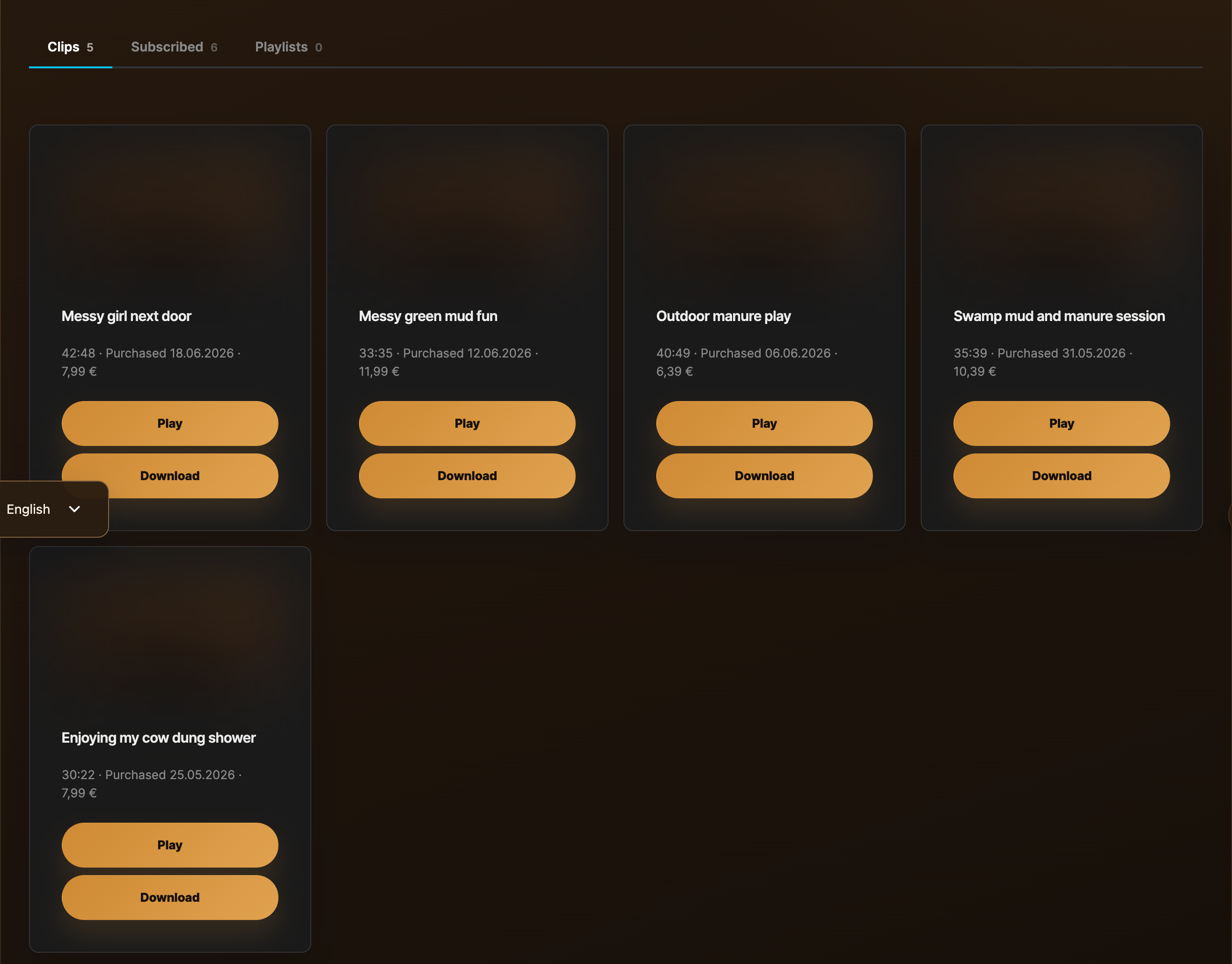 My Library page with the four tabs visible and the Clips tab active showing recent purchases.