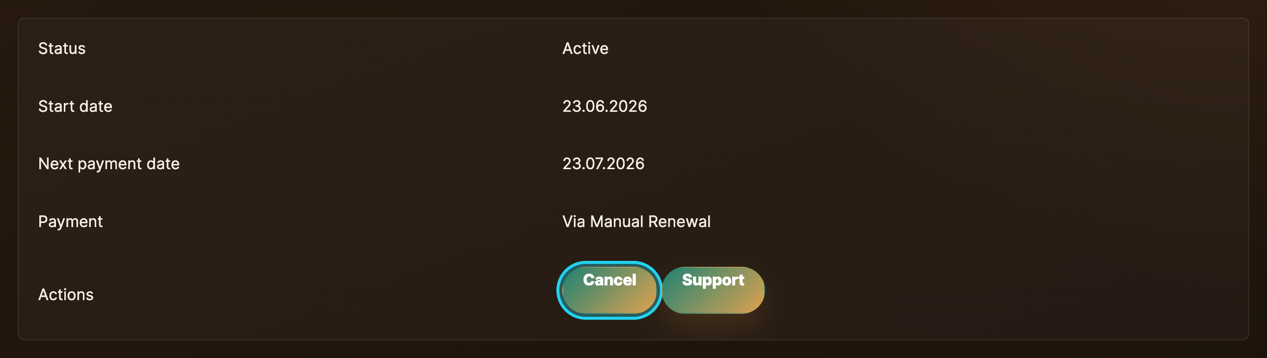 Subscription details page with the Cancel button visible in the actions row.