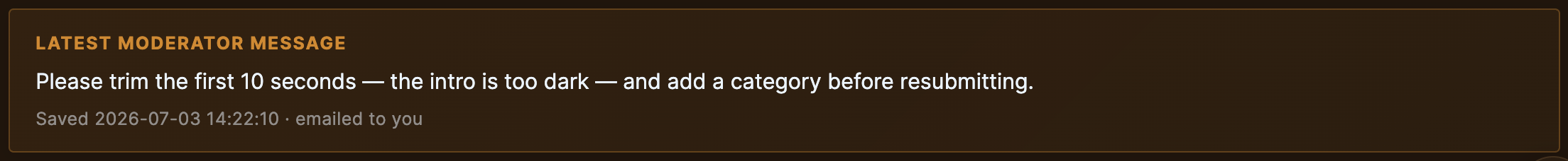 A Changes needed message on a clip's edit page