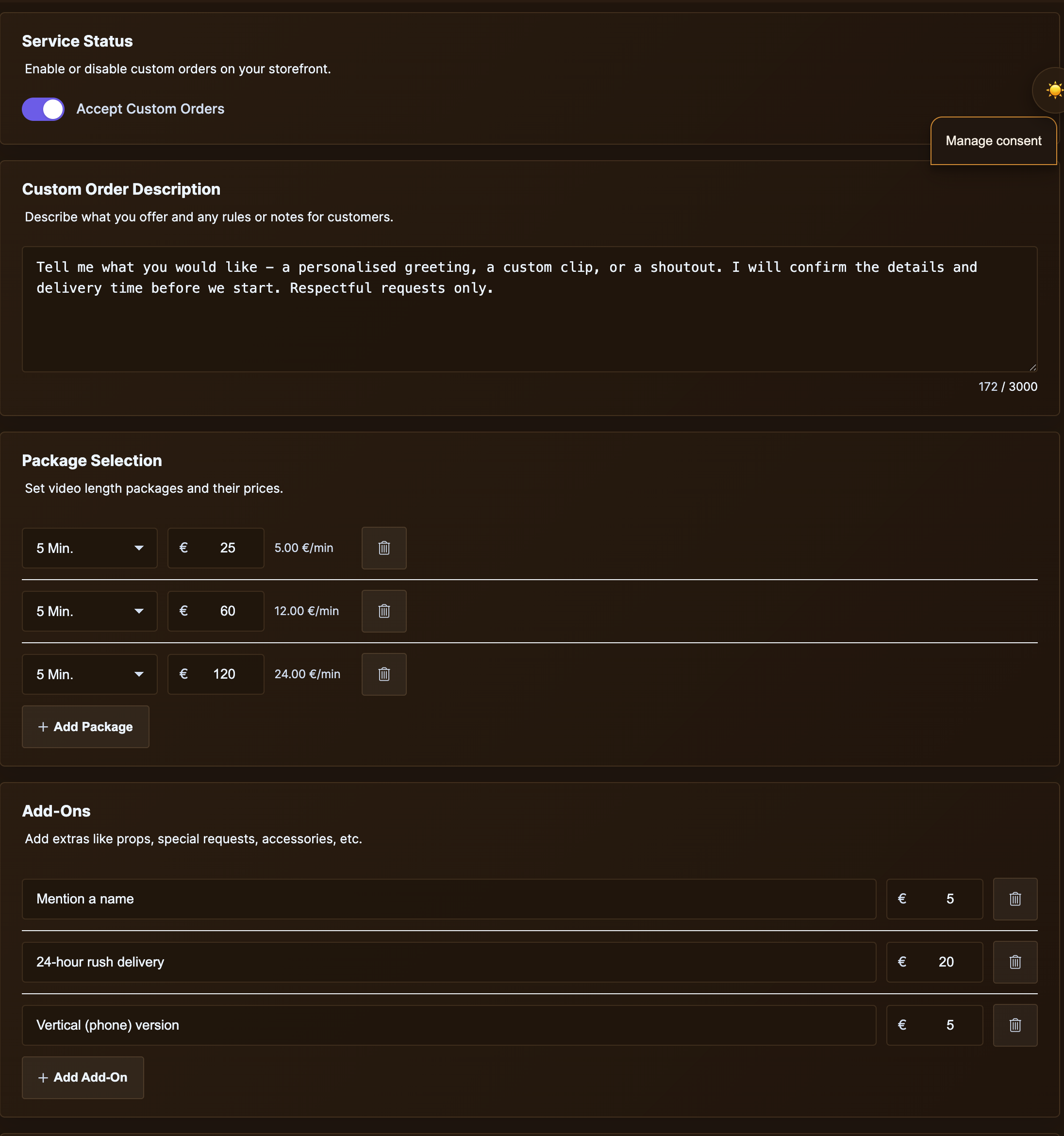 Custom Order Settings: service toggle, description, packages and add-ons.