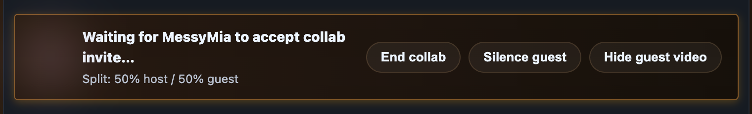 Das aktive Collab-Banner beim Gastgeber: Collab beenden, Gast entfernen und Stummschalten je Seite.