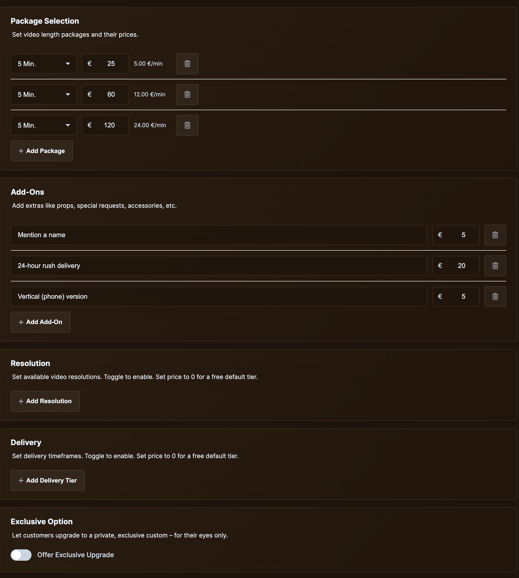 Custom Settings page with all five pricing cards visible.