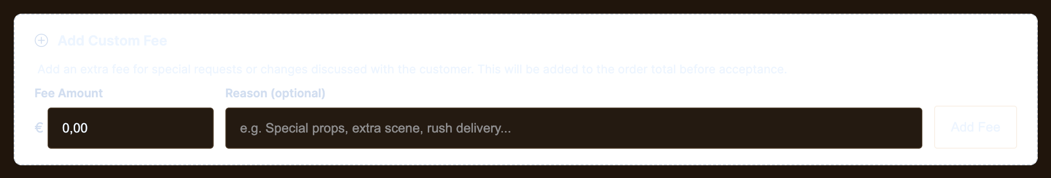 Expanded order detail showing Add Custom Fee panel with Fee Amount + Reason fields.