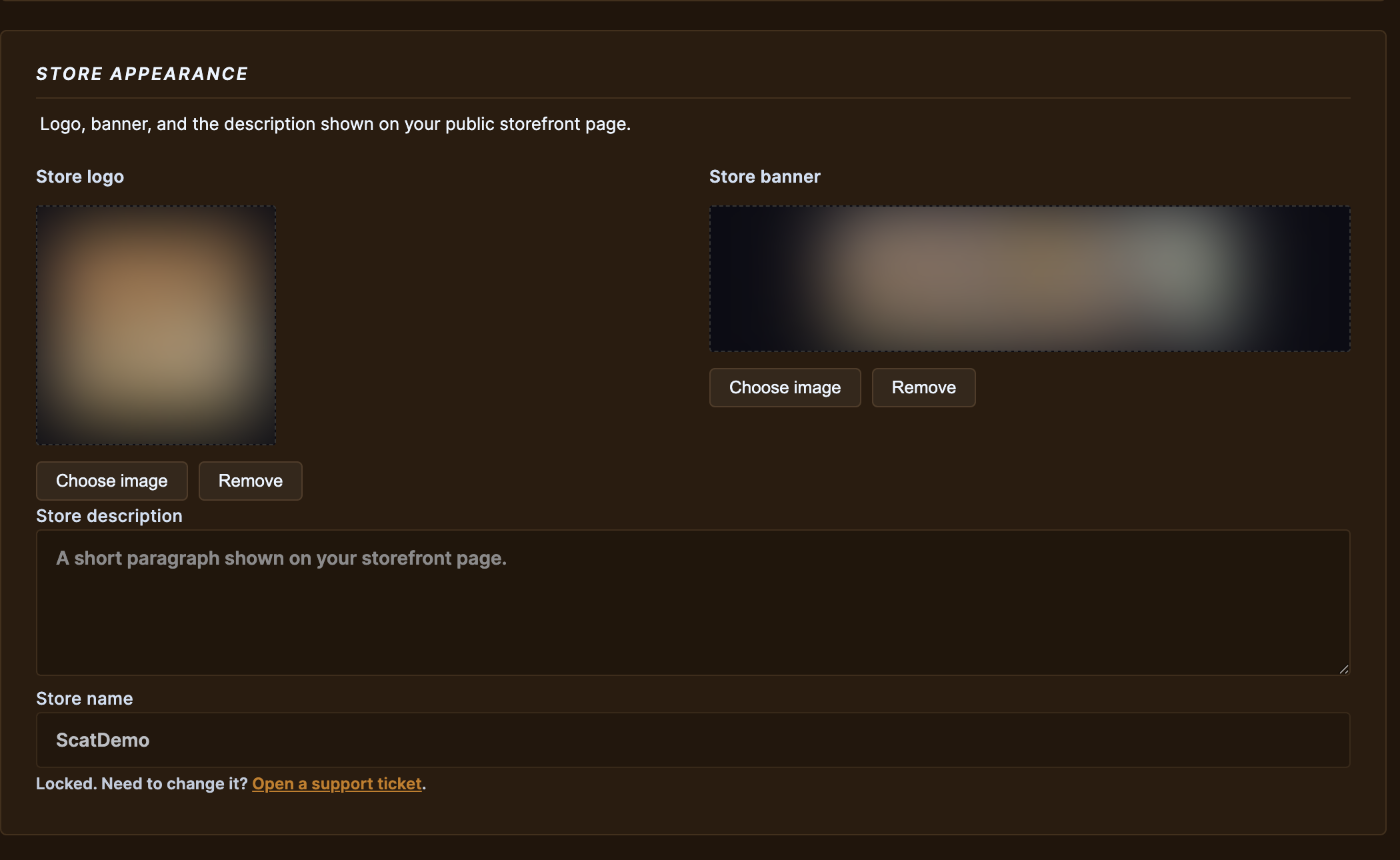 Store appearance — logo and banner pickers, the description, and the locked store name.