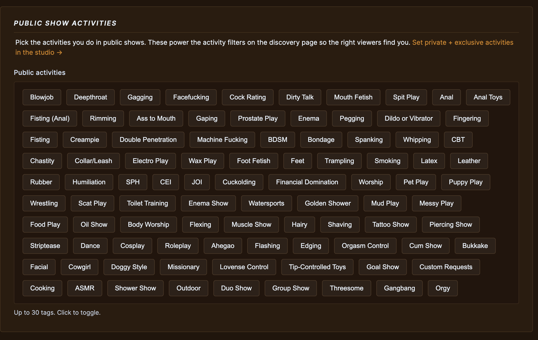 The public show activities tag grid — pick up to 30.