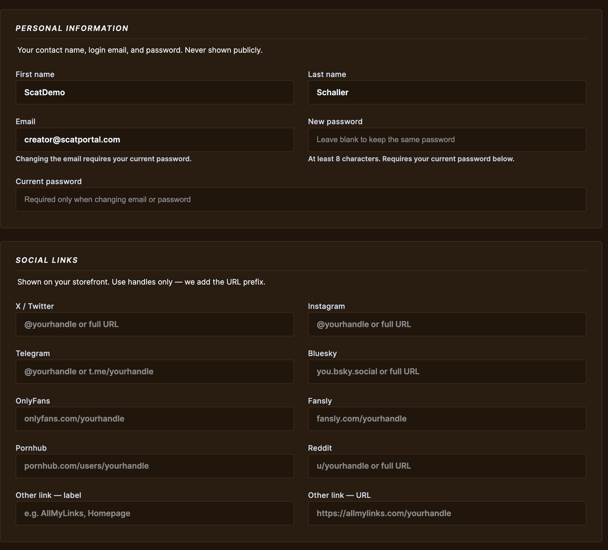 Personal information and the social link fields.