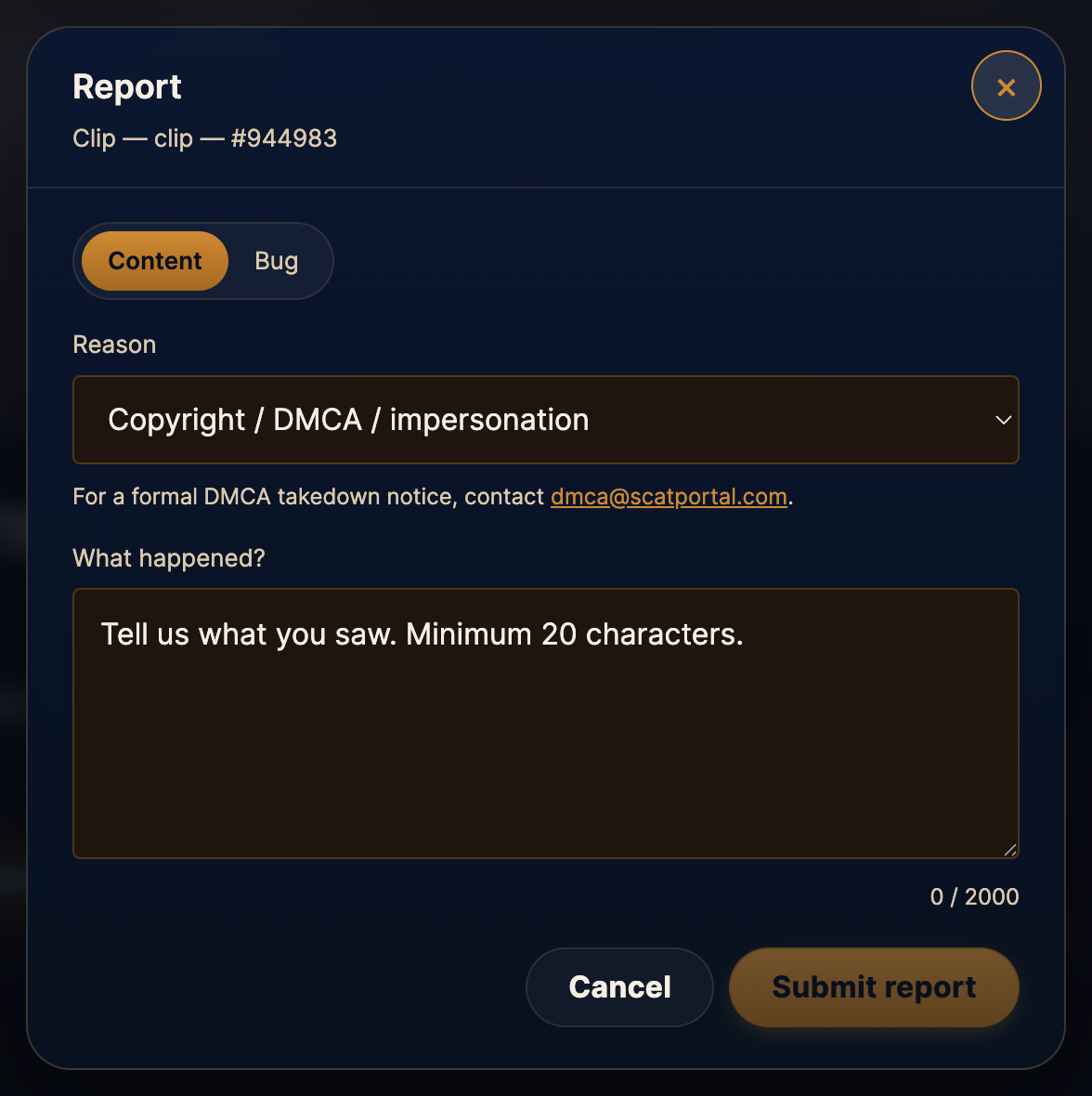 Report modal open on the Content tab with Reason set to "Copyright / DMCA / impersonation".