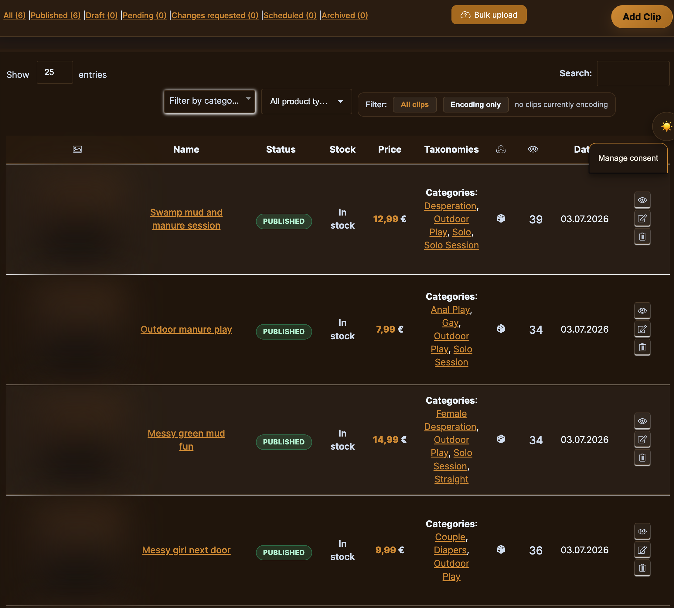 Clips management list with status badges and row actions.
