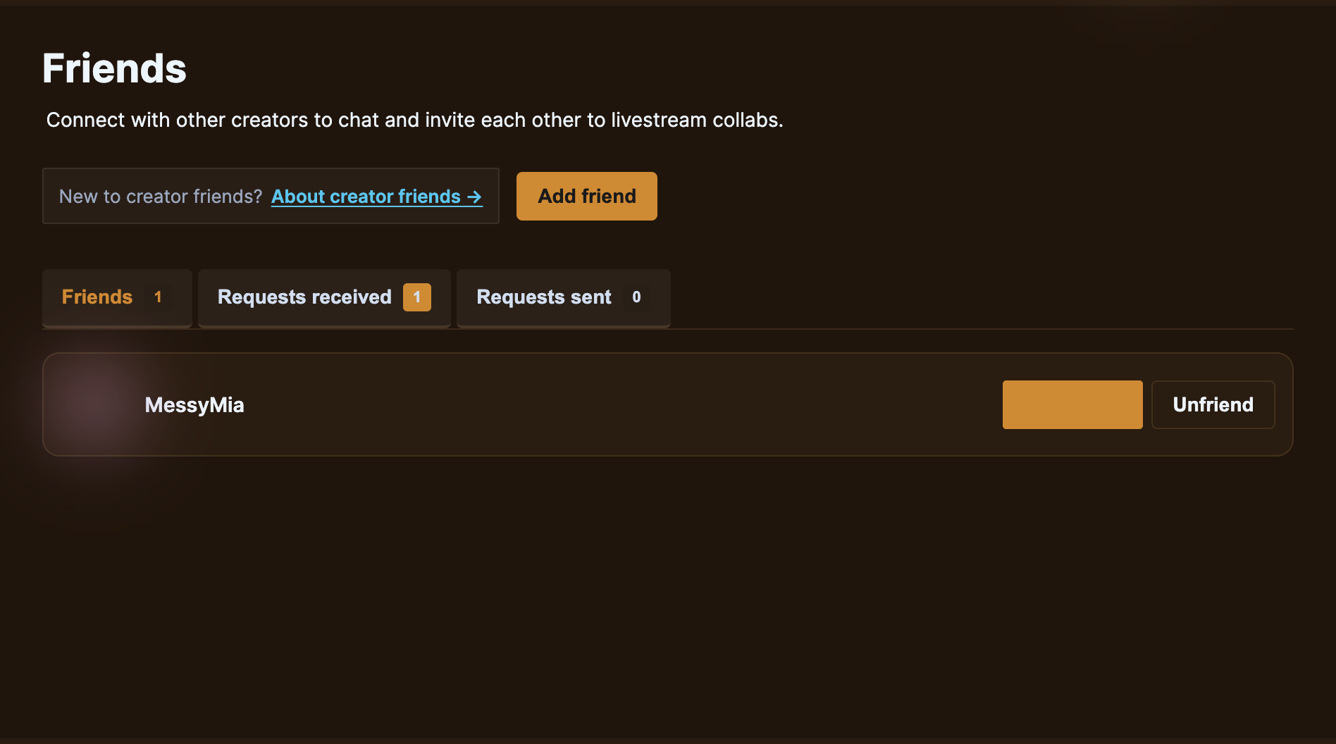 The Friends page in your store manager: friends list, incoming and outgoing requests, and the Add friend button.