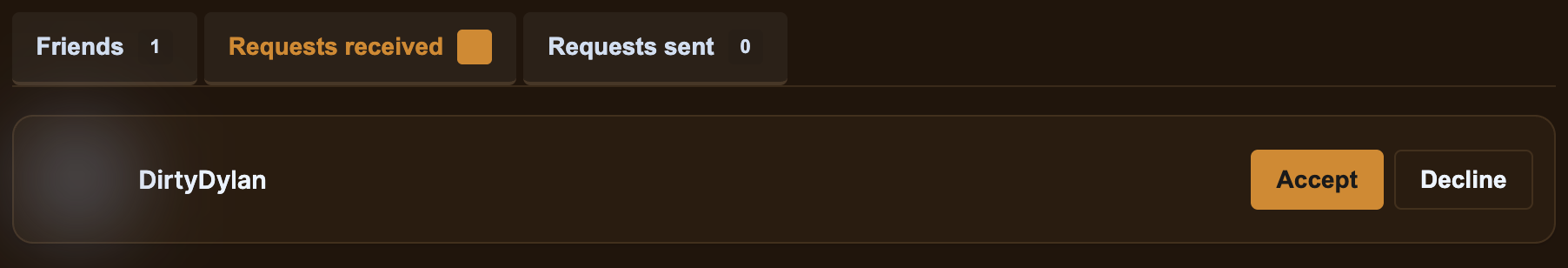 An incoming friend request under Requests received — Accept or Decline.