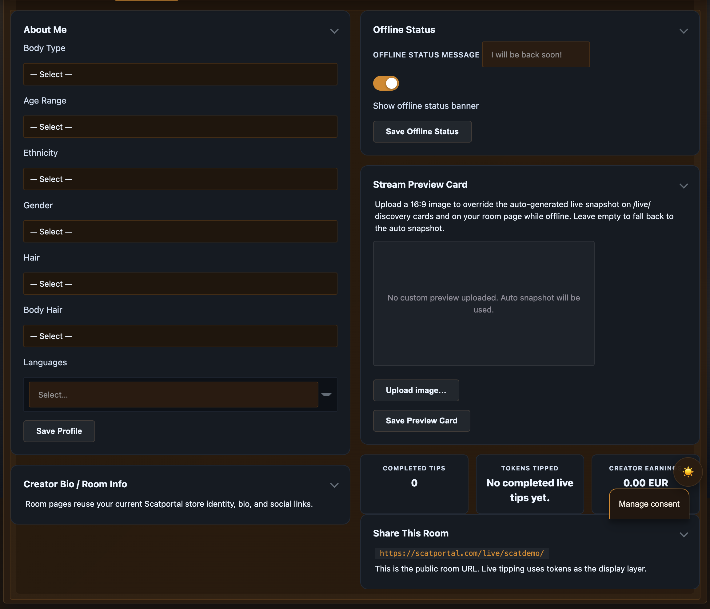 /store-manager/my-profile/ page with the section list visible.