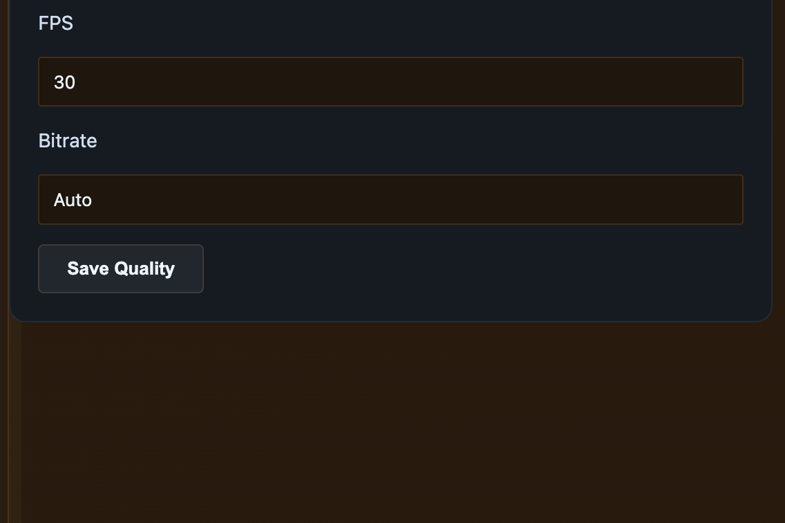 Stream quality settings panel — Resolution, FPS, Bitrate dropdowns.