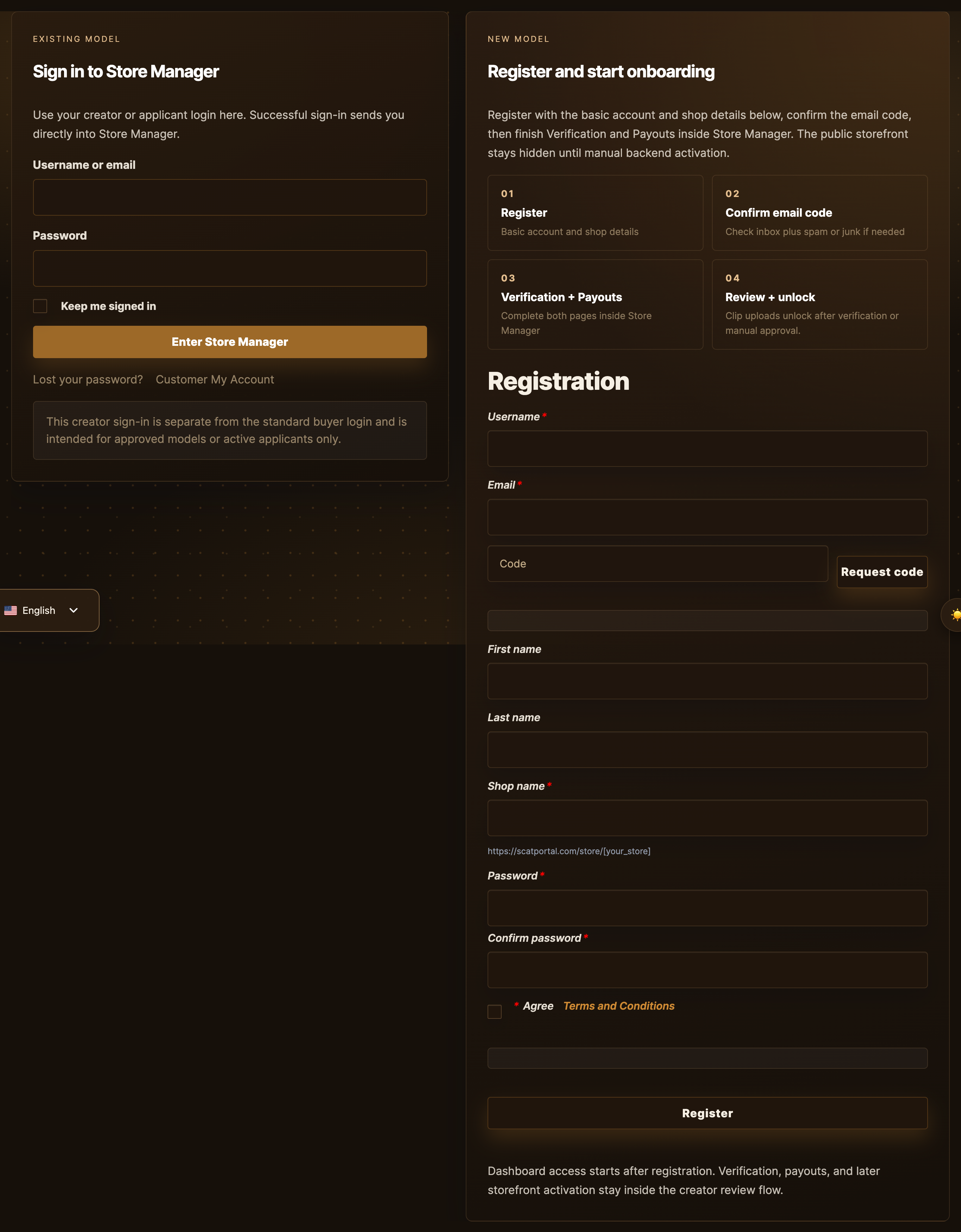 The /models-login/ page with the existing-creator login on the left and the new-creator registration form on the right.