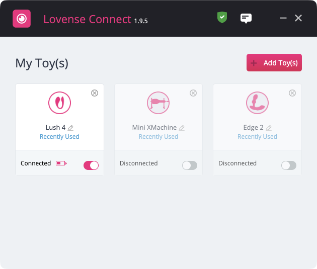 Lovense Connect mit angeschlossenem Spielzeug – die Brücke zwischen Spielzeug und Computer.
