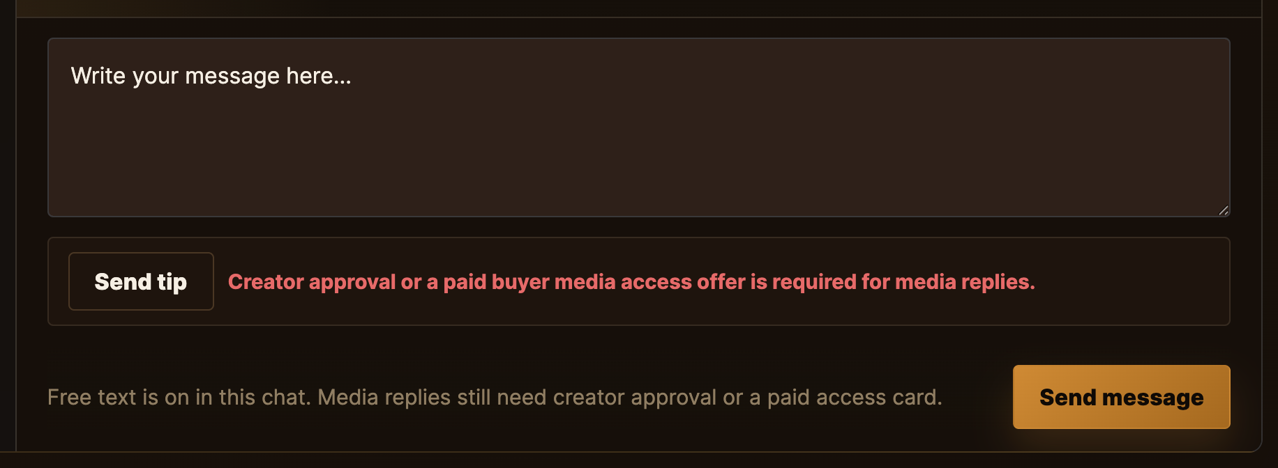 Message composer with Attach media, Send tip and Send message.