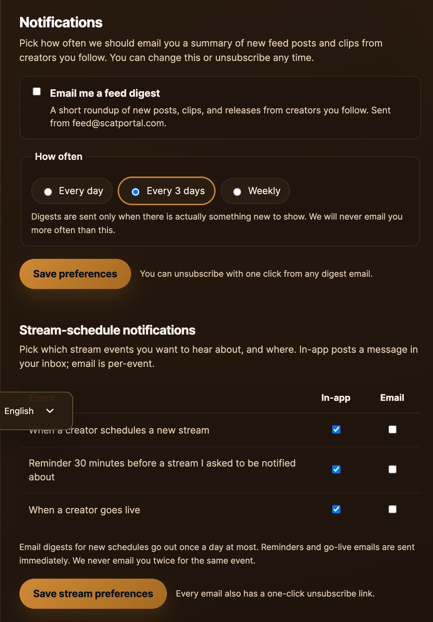 /my-account/notification-preferences/ with both sections visible.