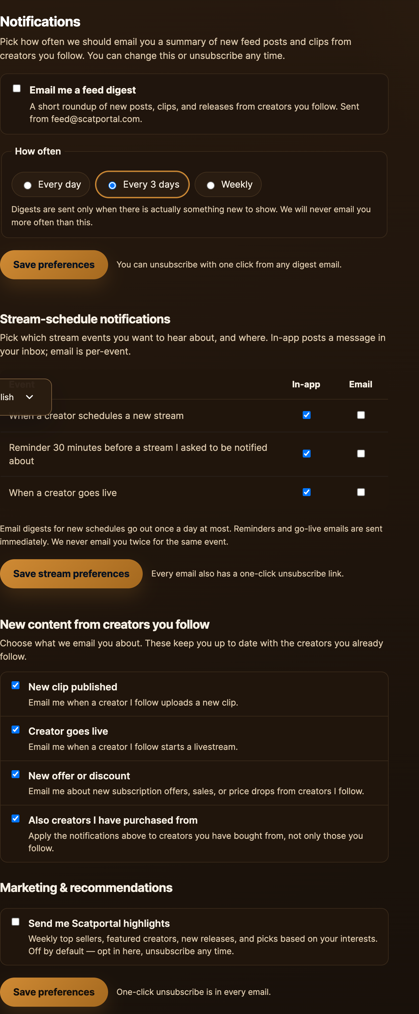 Notification preferences with grouped email/in-app toggles.