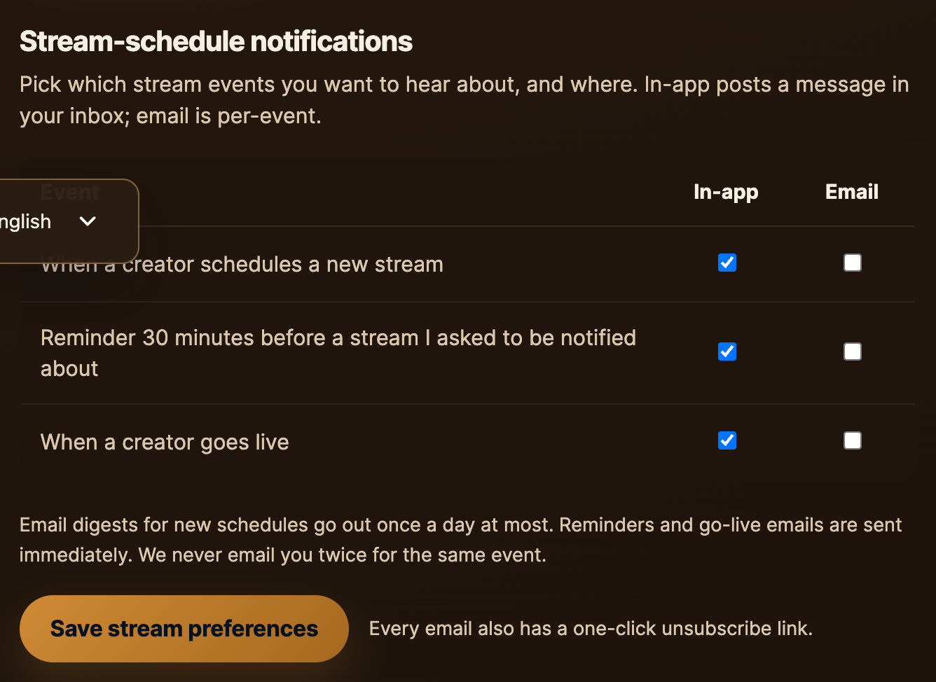 Customer notification preferences with In-app and Email toggles per event.