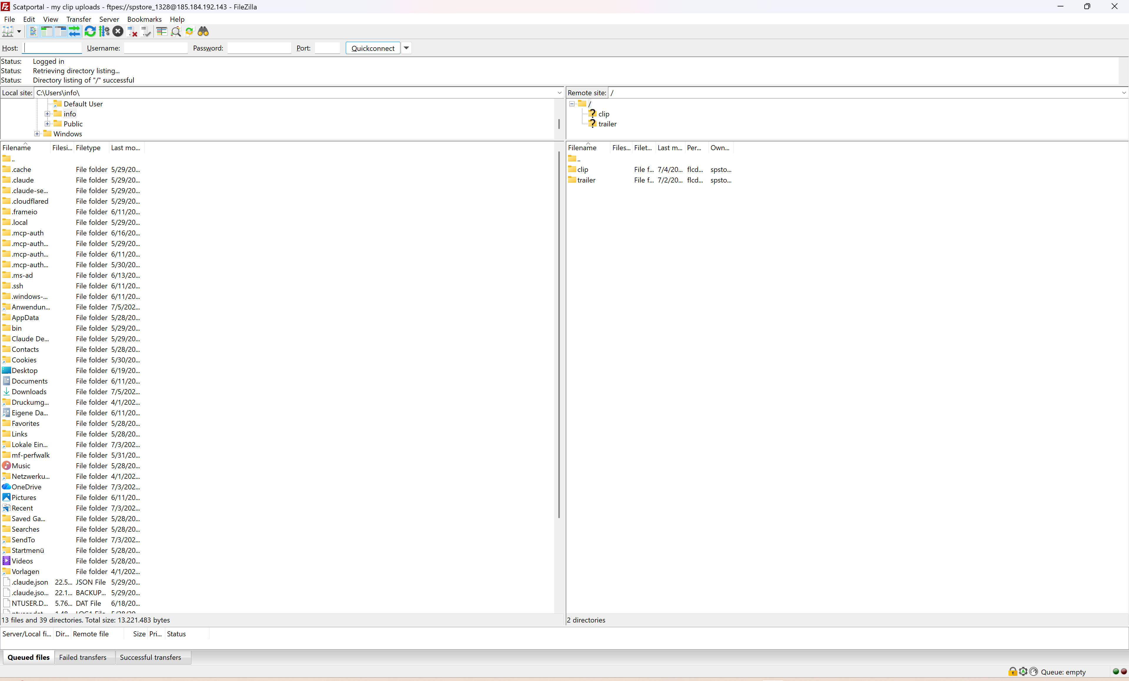 FileZilla ist über explizites FTPS verbunden: lokale Dateien auf der linken Seite, deine Remote-Upload-Ordner (Clip, trailer) auf der rechten Seite.