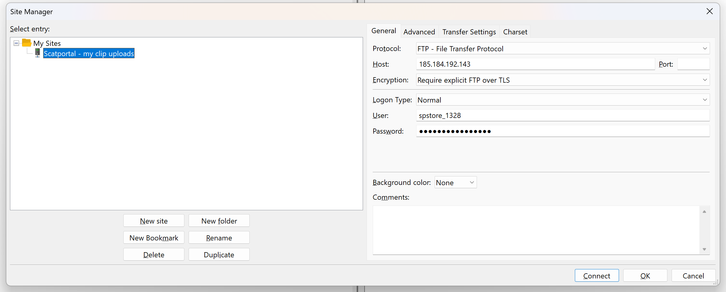 FileZilla Site Manager: Protokoll FTP, Host ftp.scatportal.com, Verschlüsselung „FTP über TLS ausdrücklich erfordern“, Anmeldetyp „Normal“ sowie dein Benutzername und dein Passwort.