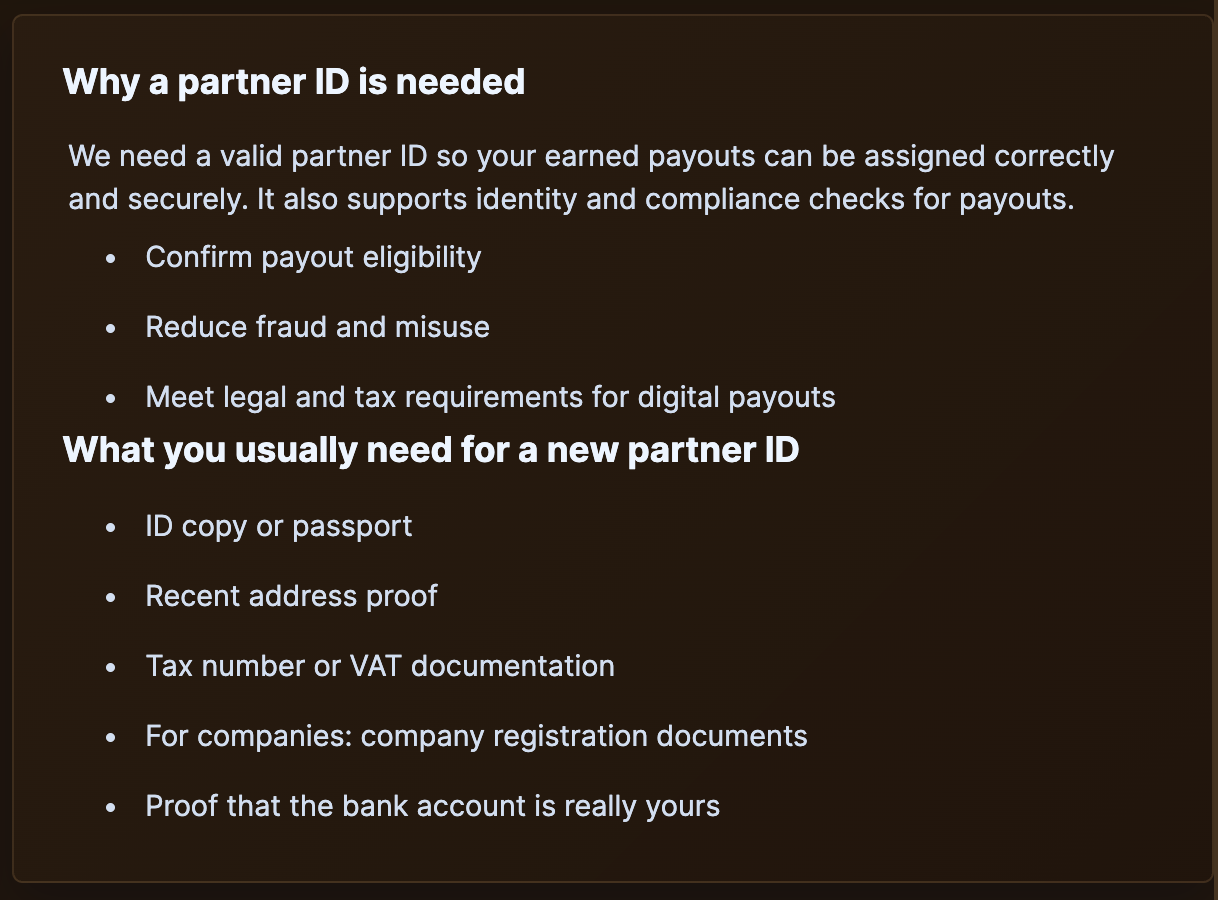 Payouts page with the "What you usually need for a new partner ID" checklist visible.