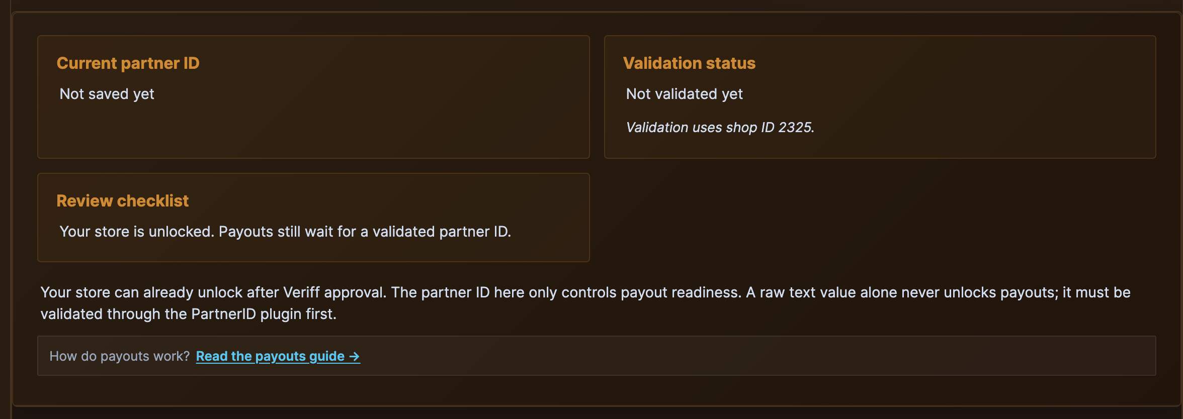 Top of /store-manager/payouts/ with the Partner-ID form and registration card visible.