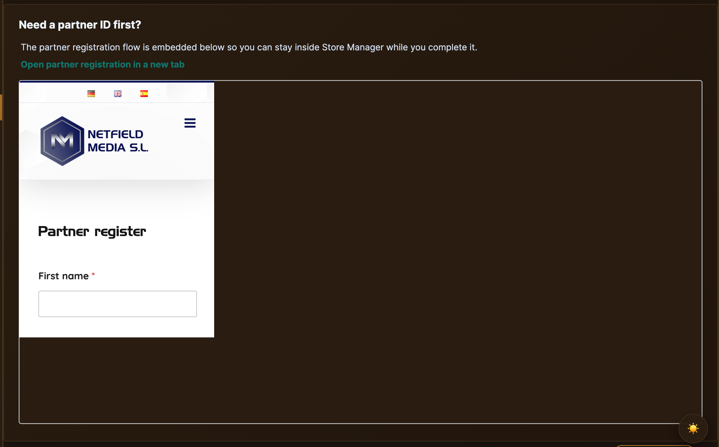 "Need a partner ID first?" card with "Open partner registration in a new tab" link visible.