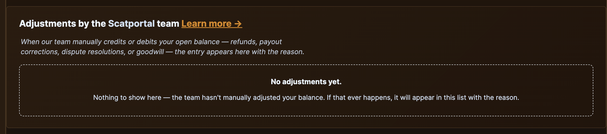 The Adjustments card on the payouts page with example credit and debit rows.