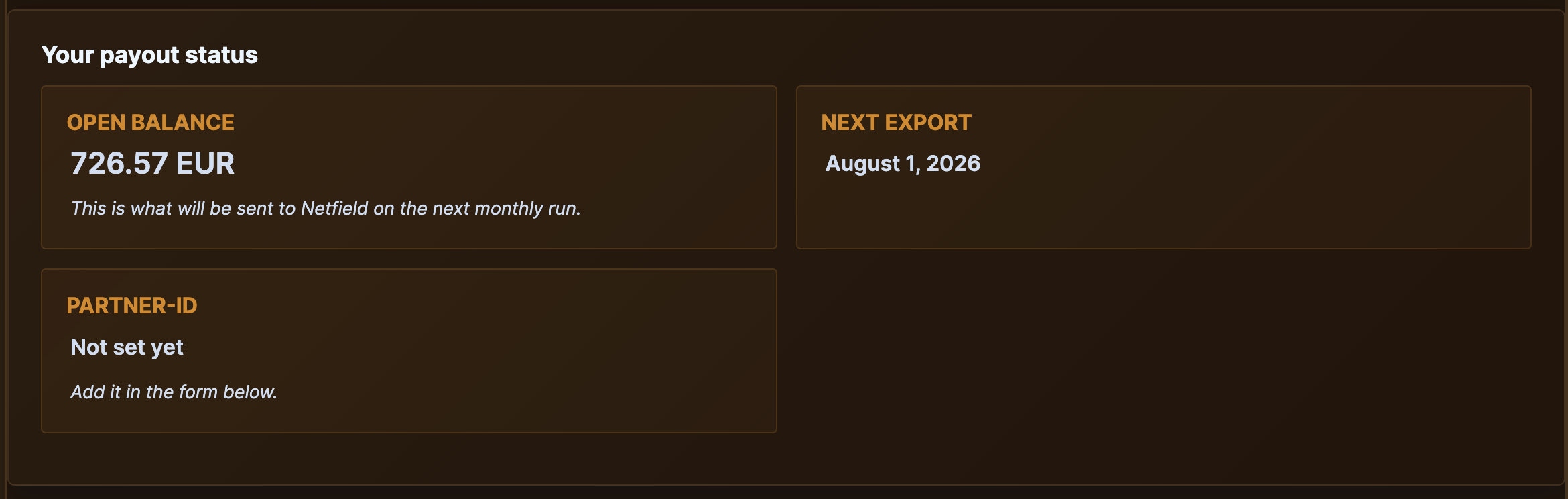 Status card showing "Next export" date and current open balance.