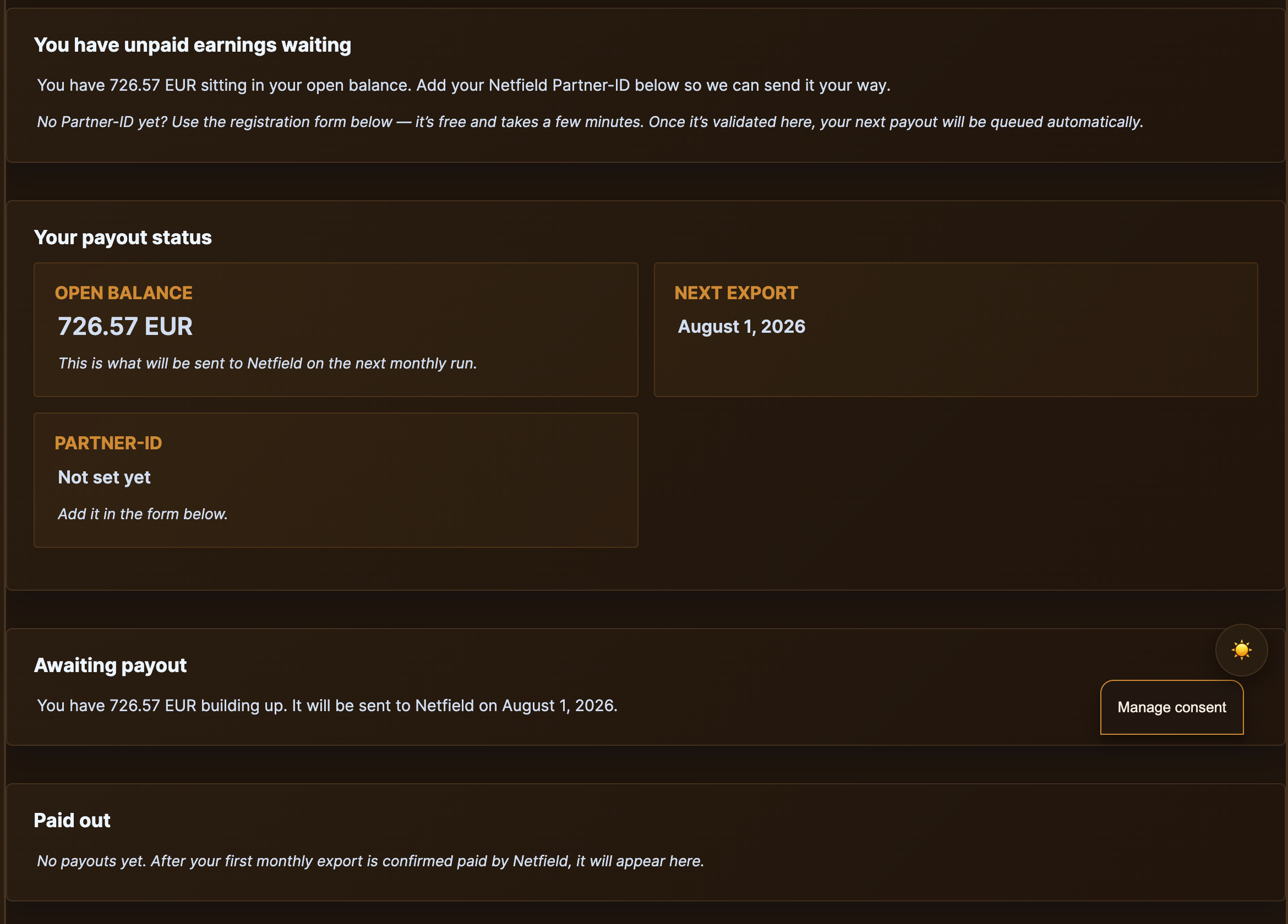 Payouts page with status card + Open and Paid blocks visible.