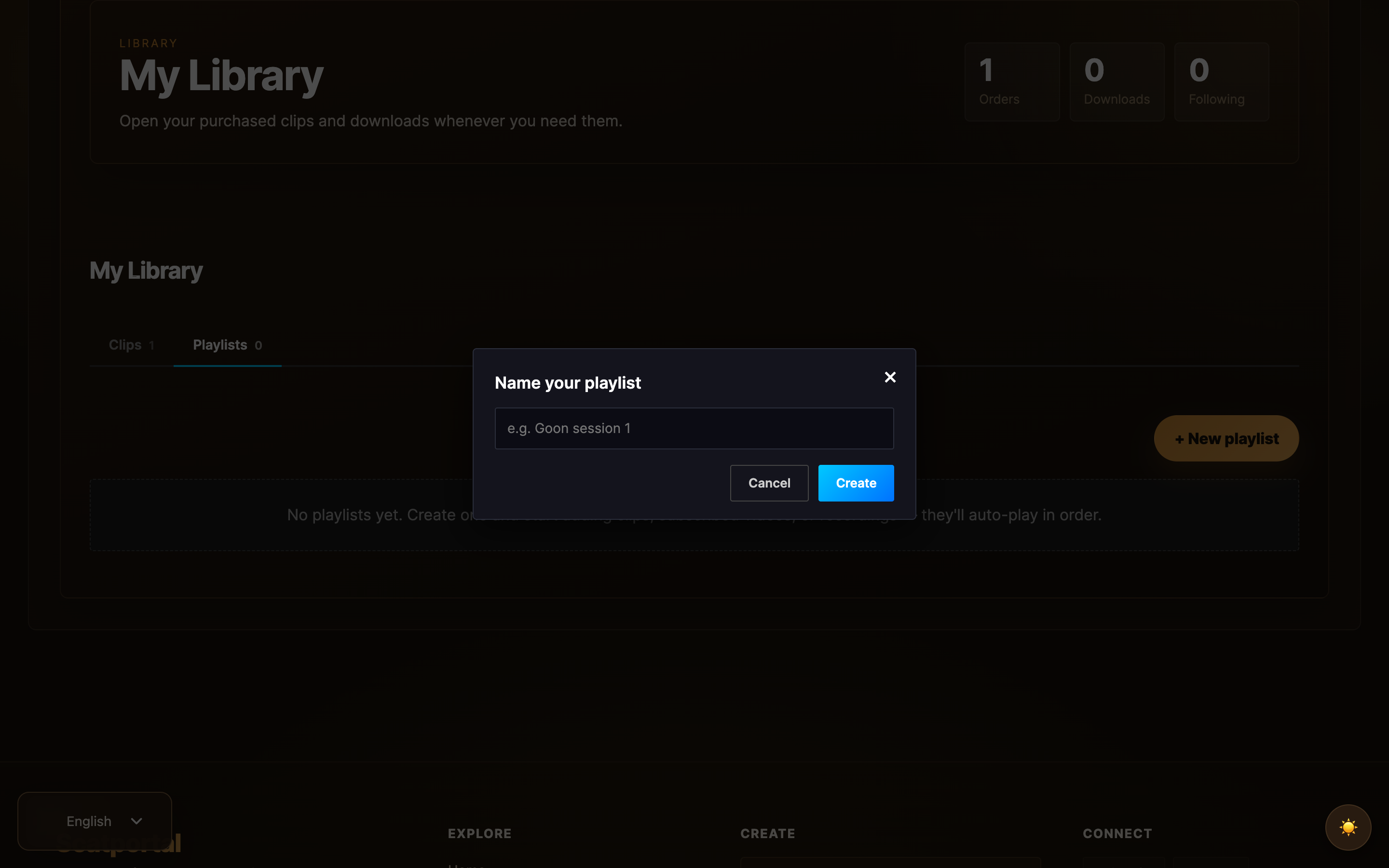 Building a playlist: the Playlists tab with New playlist and the naming dialog.