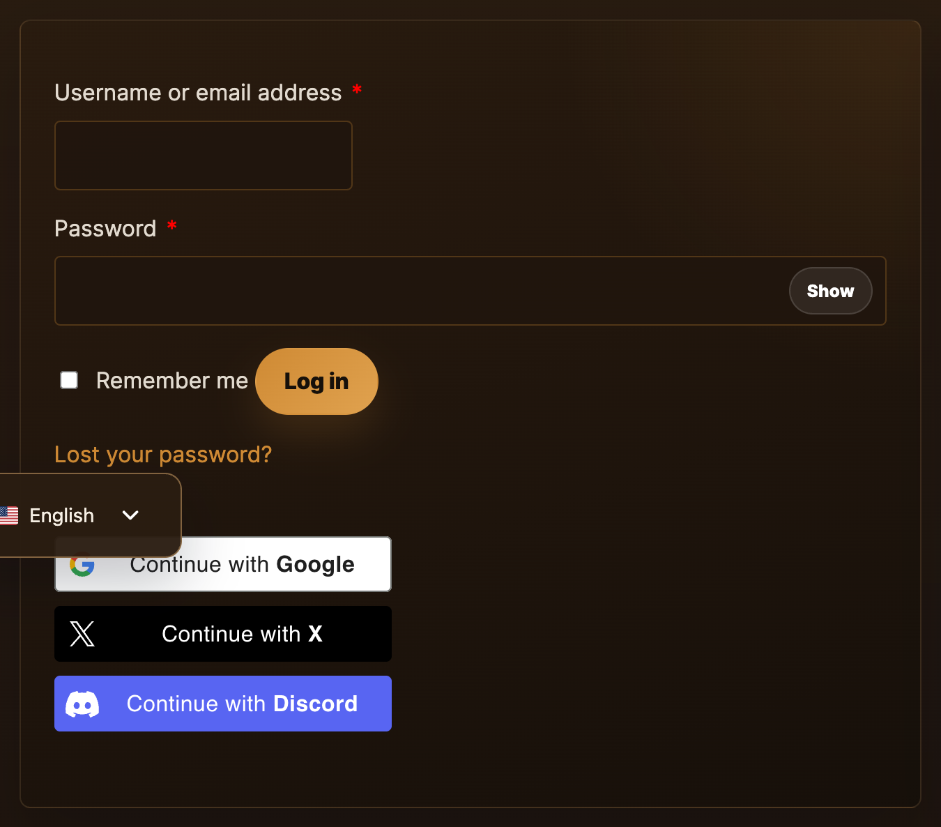 The login form — the "Lost your password?" link sits below the Log in button.