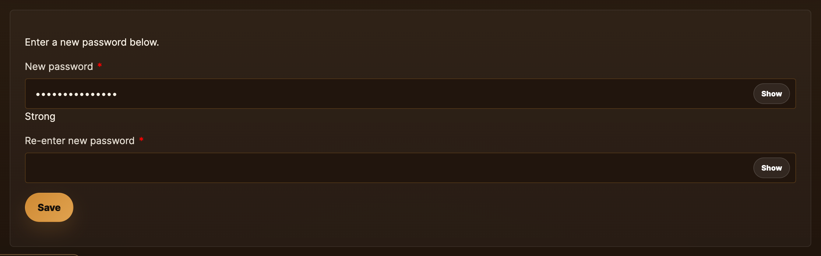 Pick a new password — the strength indicator updates as you type.