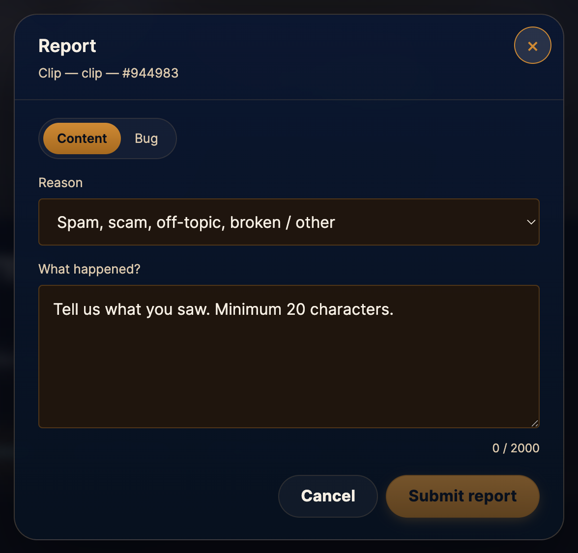 The report modal on the Content tab — pick the reason that fits and describe what you saw.