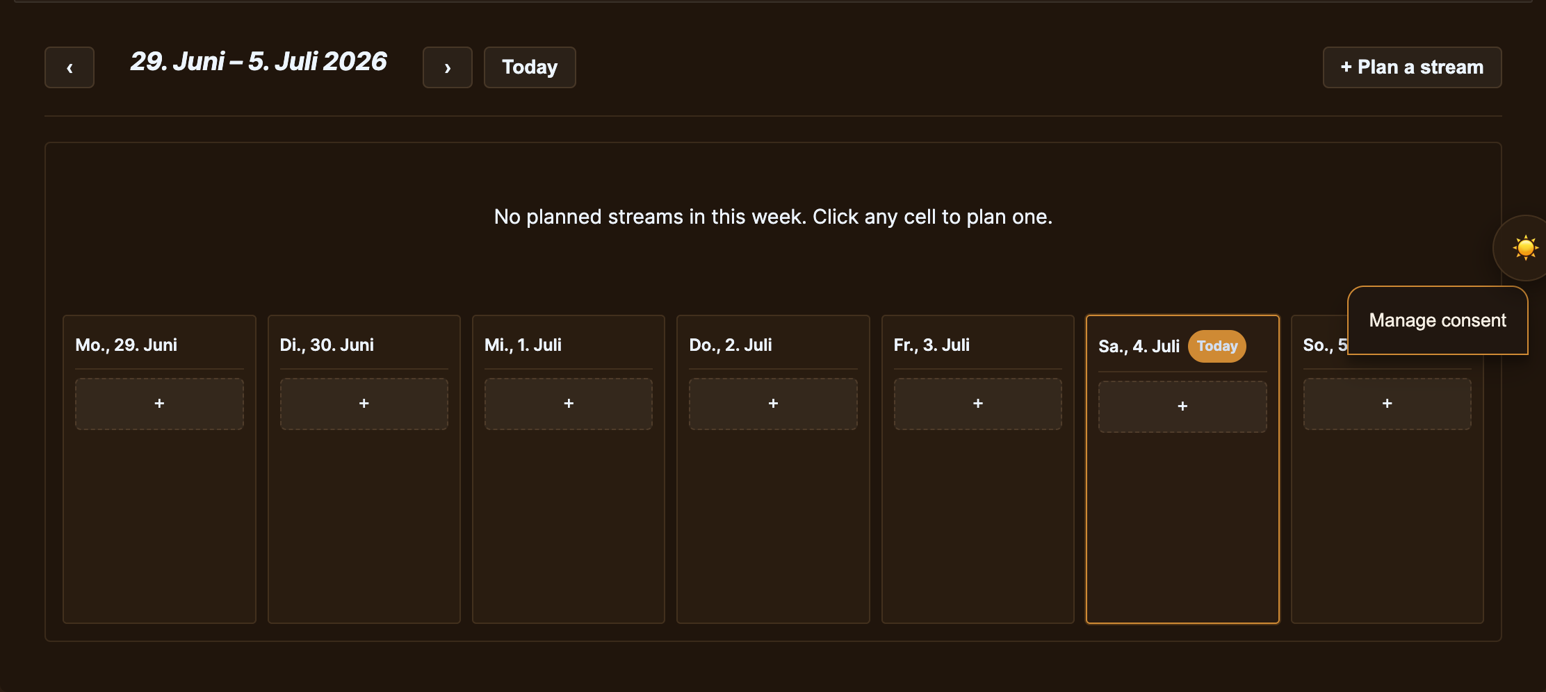 Weekly stream-schedule calendar with Plan a stream.