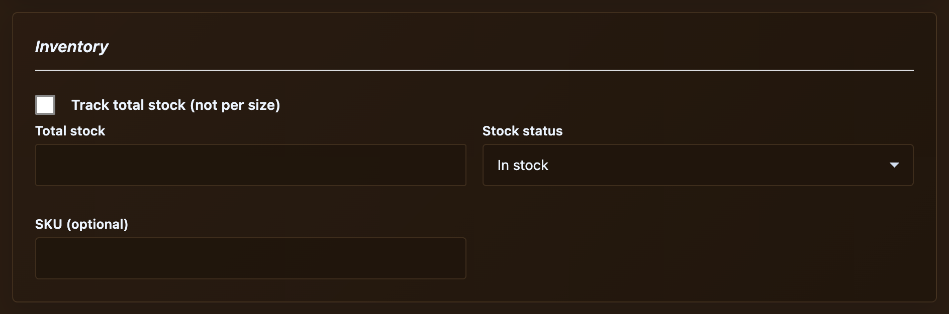 Inventory section with total stock, stock status and SKU.