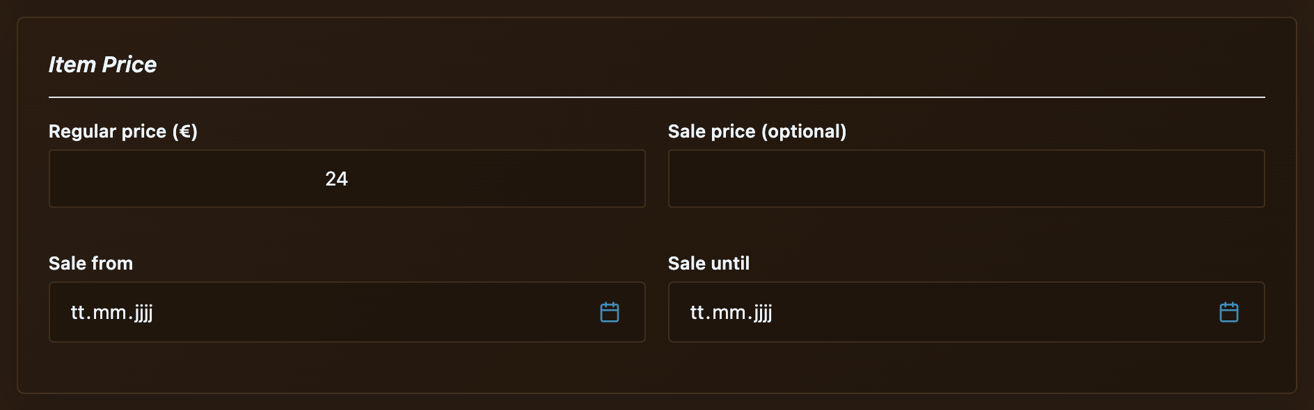 Item price fields with regular and sale price.