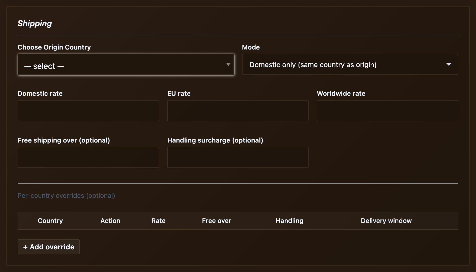 The Shipping card with origin country, mode and regional rates.