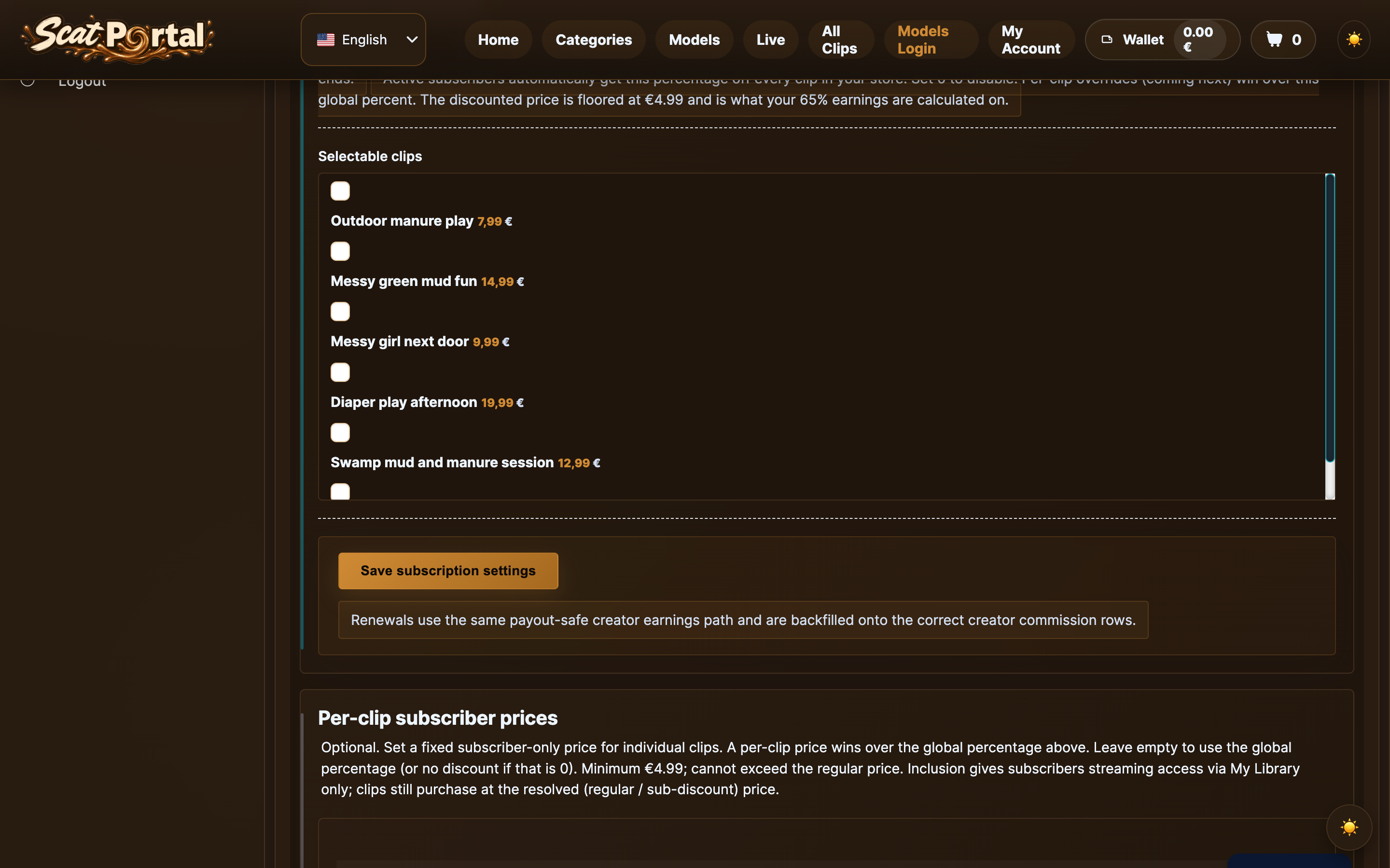 The creator-subscriptions page — the Subscriber clip discount field with the per-clip price table below.