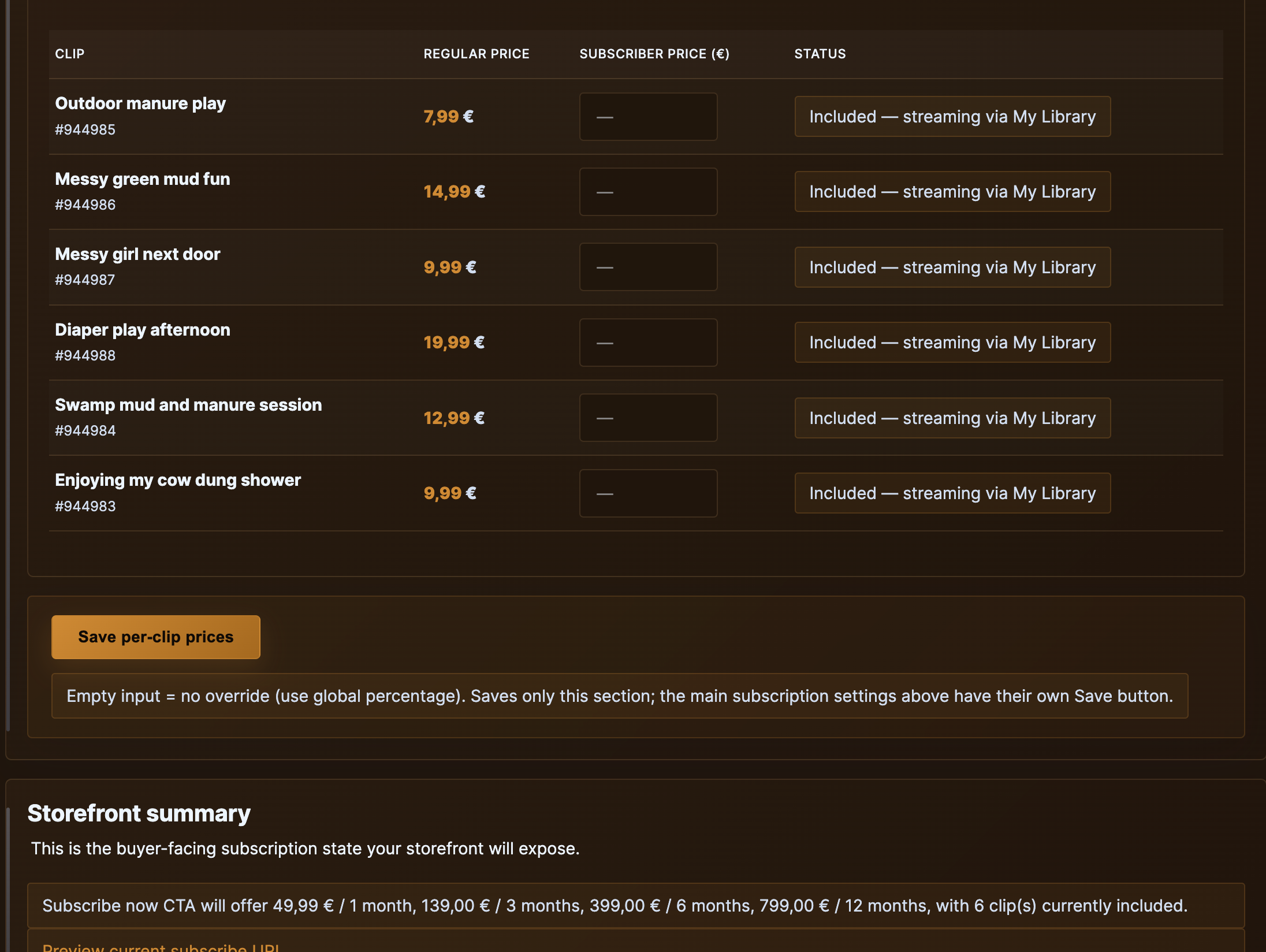The per-clip subscriber prices table — global percentage, one fixed override, and the resolved subscriber price per clip.