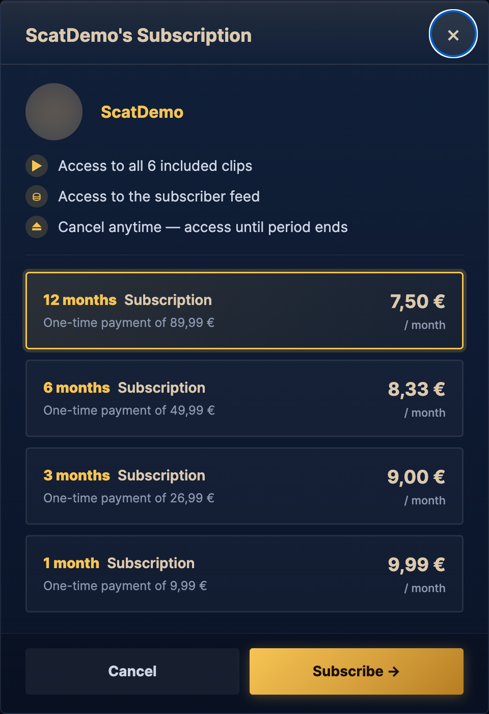 Subscribe modal showing 1m / 3m / 6m / 12m plan options with monthly equivalents.