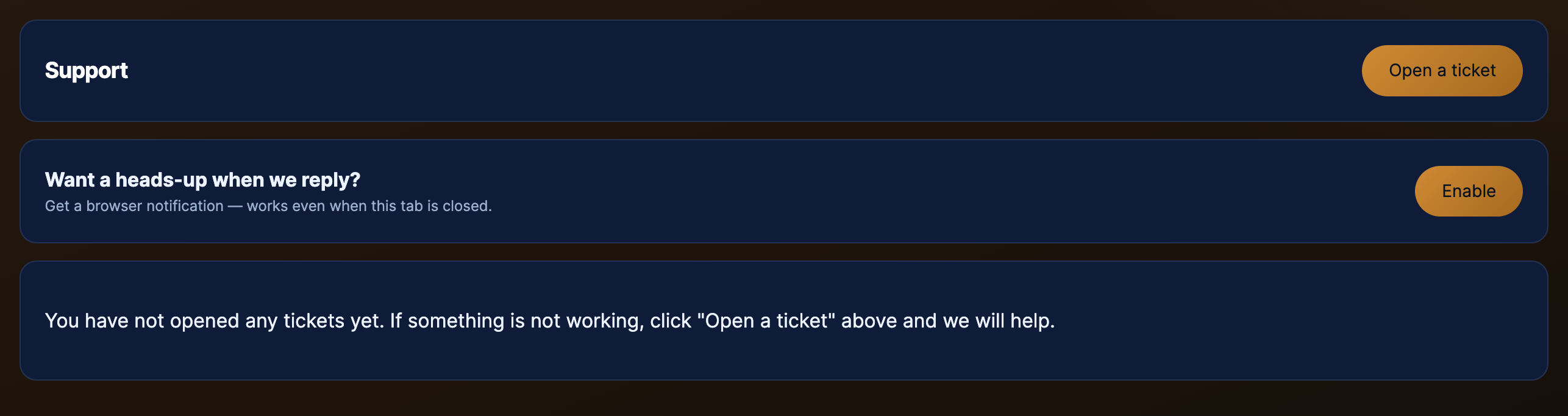The customer support page — your tickets plus the Open a ticket button.
