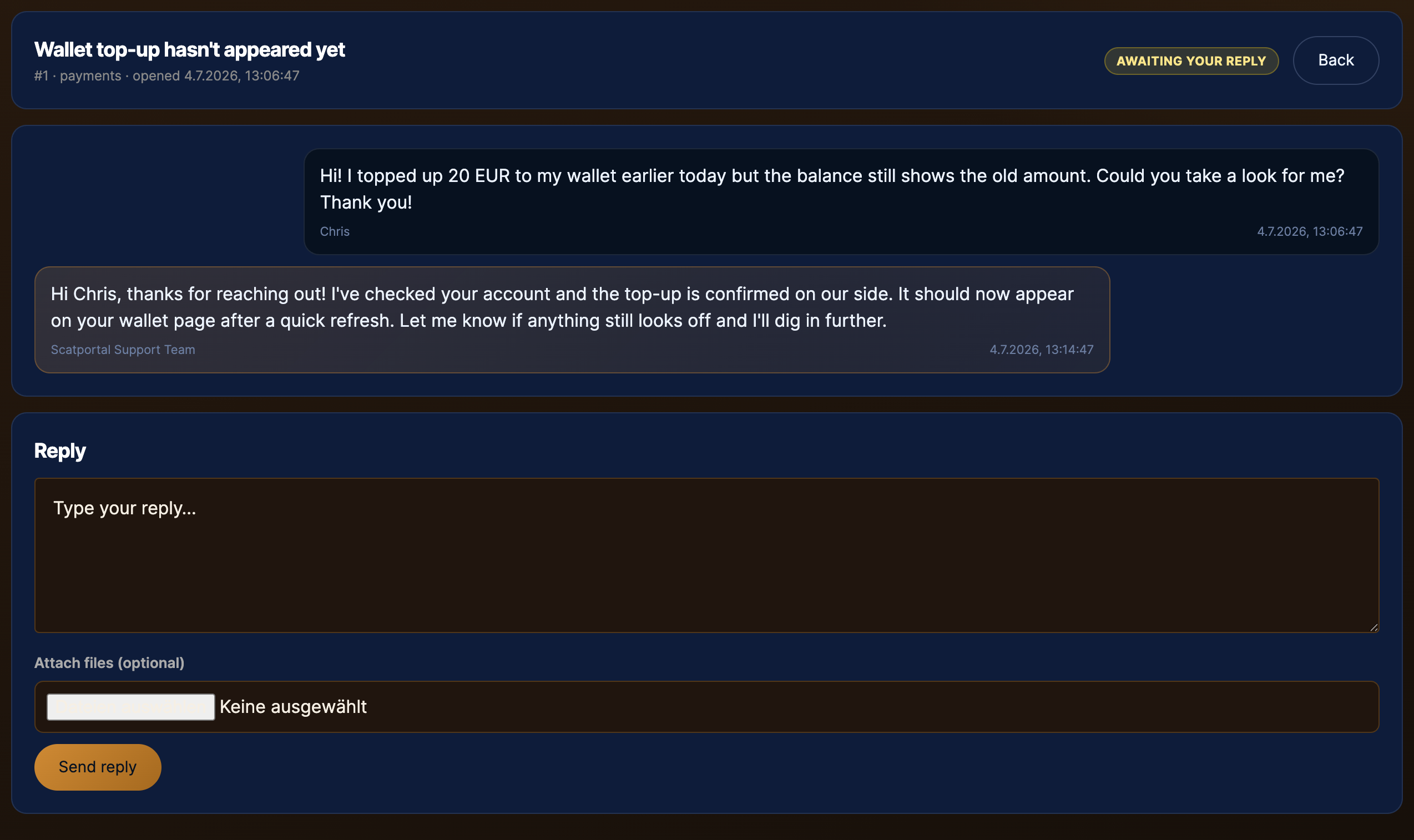 A ticket conversation — replies appear in the thread and you answer with the reply form.