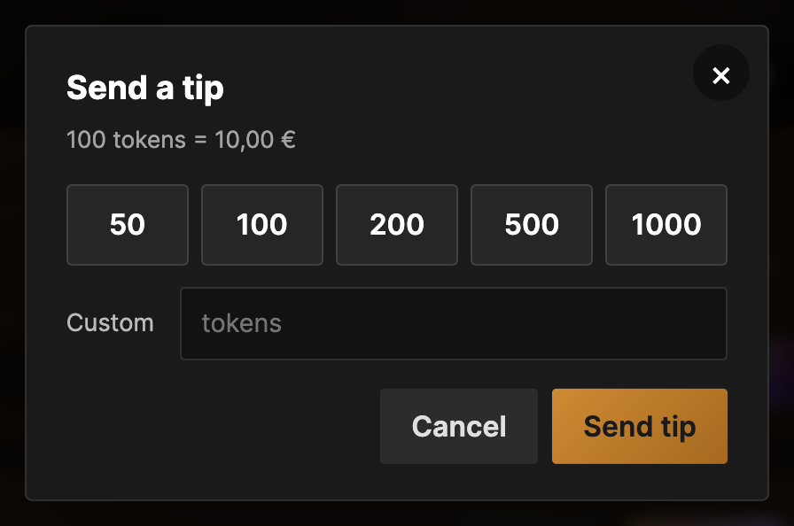 Tip picker — title "Send a tip", the five tier buttons, custom field, Send / Cancel buttons.