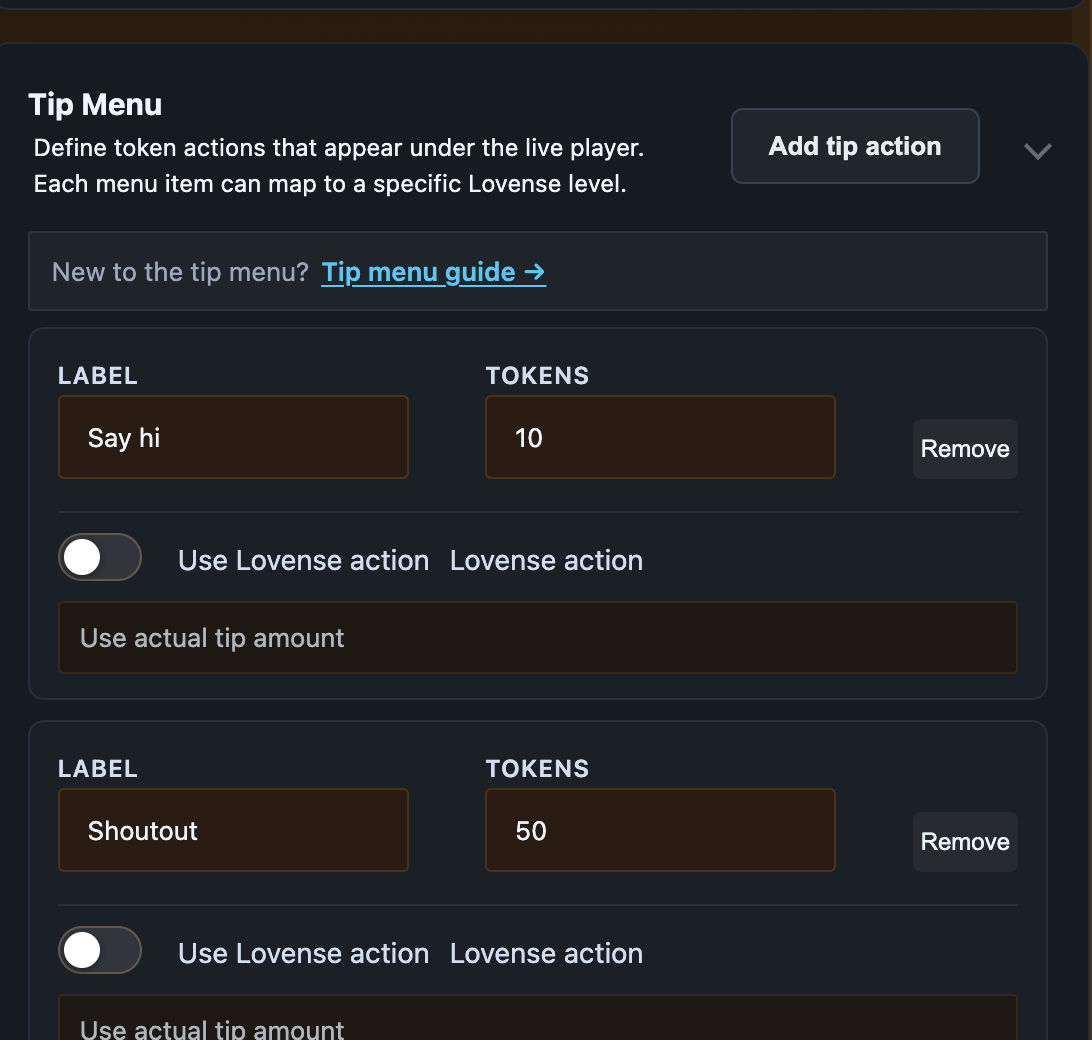 Livestream studio, Settings tab, Tip Menu card with three empty rows visible.