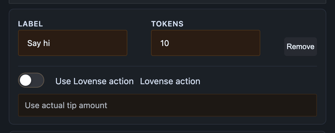 A single row with Label, Tokens, Remove and the Lovense panel on the right.