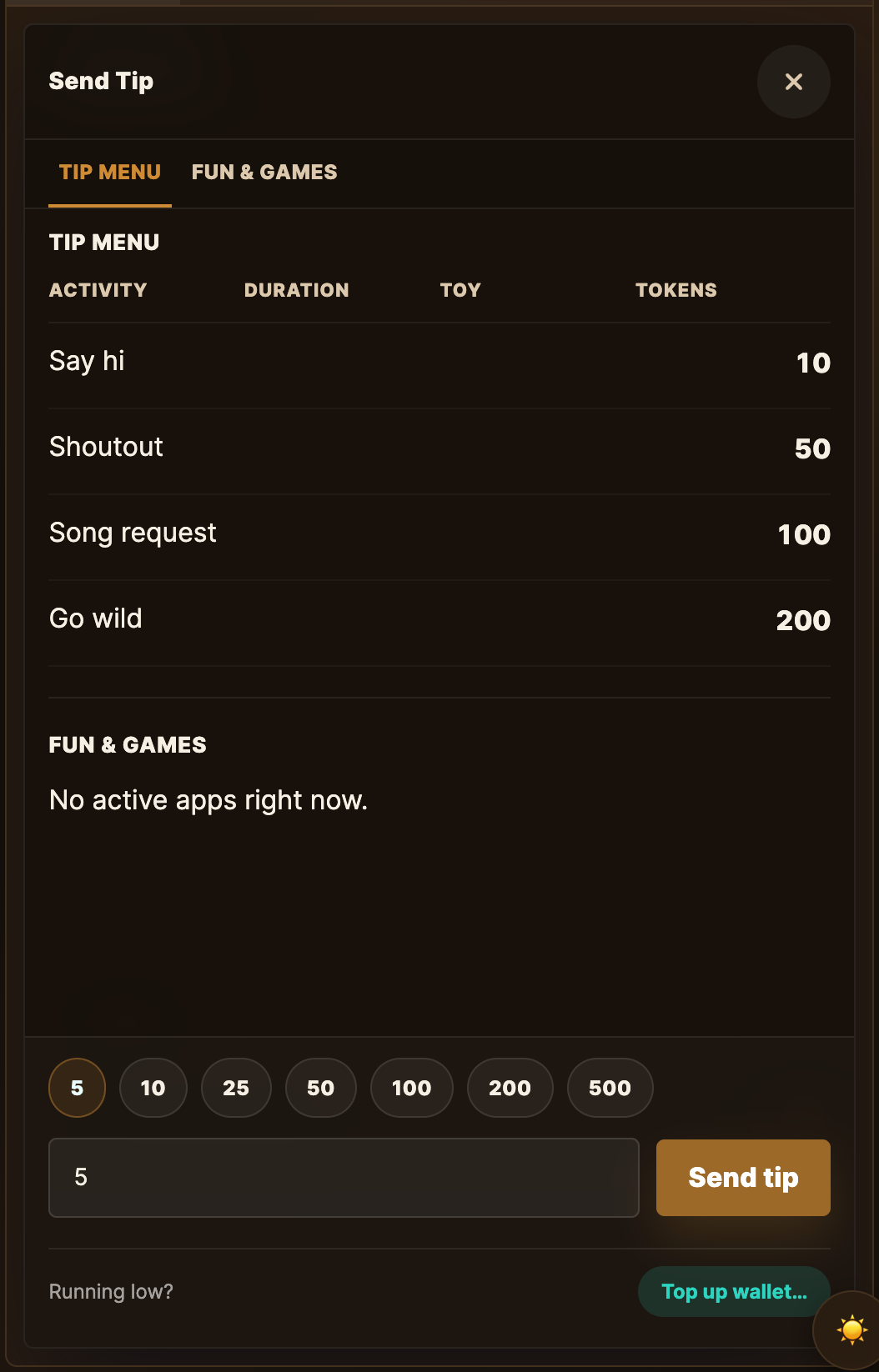 What viewers see: the Send Tip overlay on the Tip Menu tab.