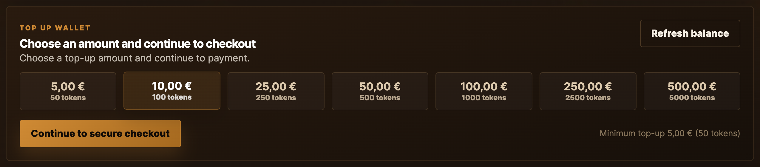 Top-up section with the six preset amount buttons, €10 selected.