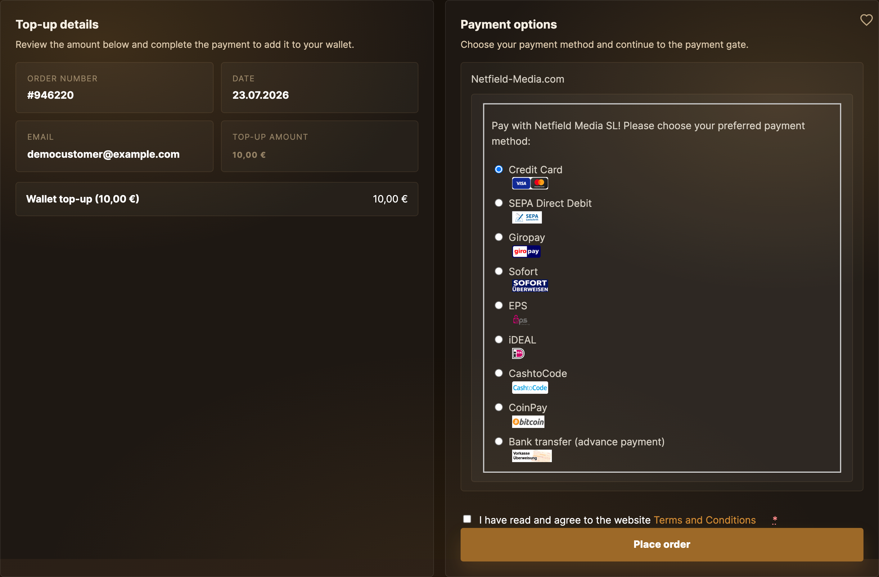 Pick your payment method in the Netfield panel and confirm the terms.